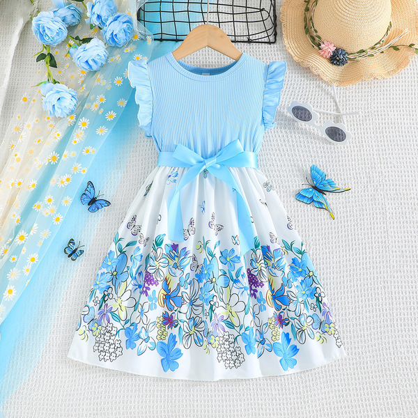 New Solid Color Pit Stitching Flower Butterfly Printed Dress